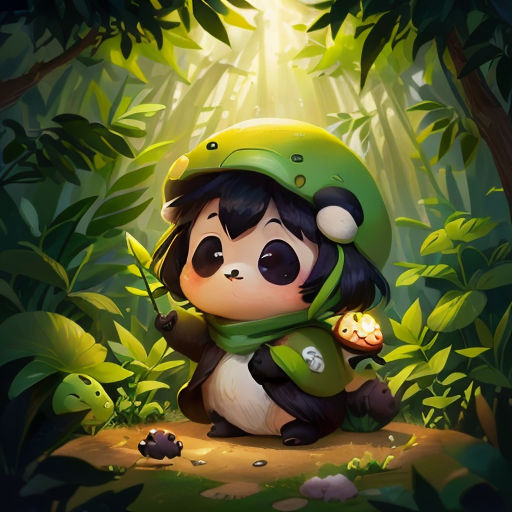 a little girl in a green outfit sitting in the woods with a mushroom in her hand and a green helmet on