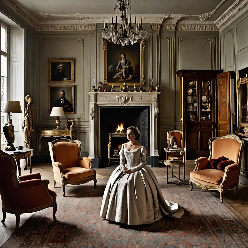 a woman in a dress sitting in a room with a fireplace and chairs in it and a man in a suit standing in the background, neoclassicism, a flemish Baroque, Annie Leibovitz, rembrandt lighting