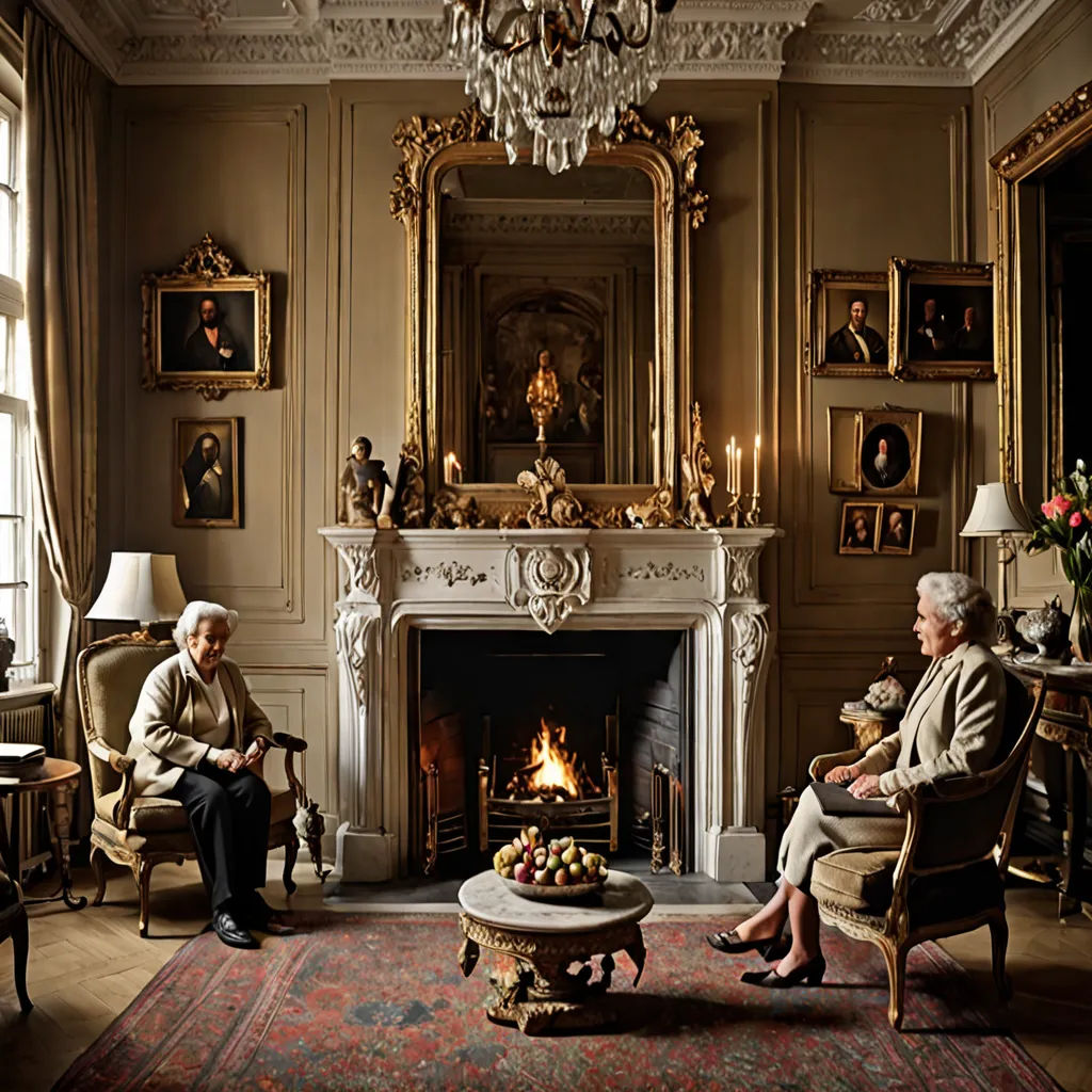 a man and woman sitting in a living room with a fireplace and a chandelier above them,, arts and crafts movement, a flemish Baroque, Annie Leibovitz, award - winning photography