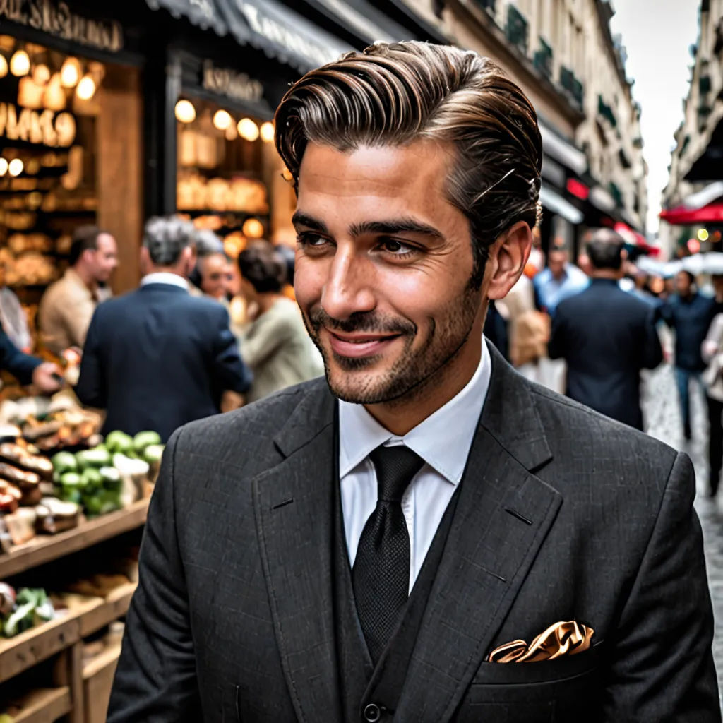 a man in a suit and tie standing in front of a market with people walking around it and a man with a beard, mannerism, a bronze sculpture, Arthur Sarkissian, refined