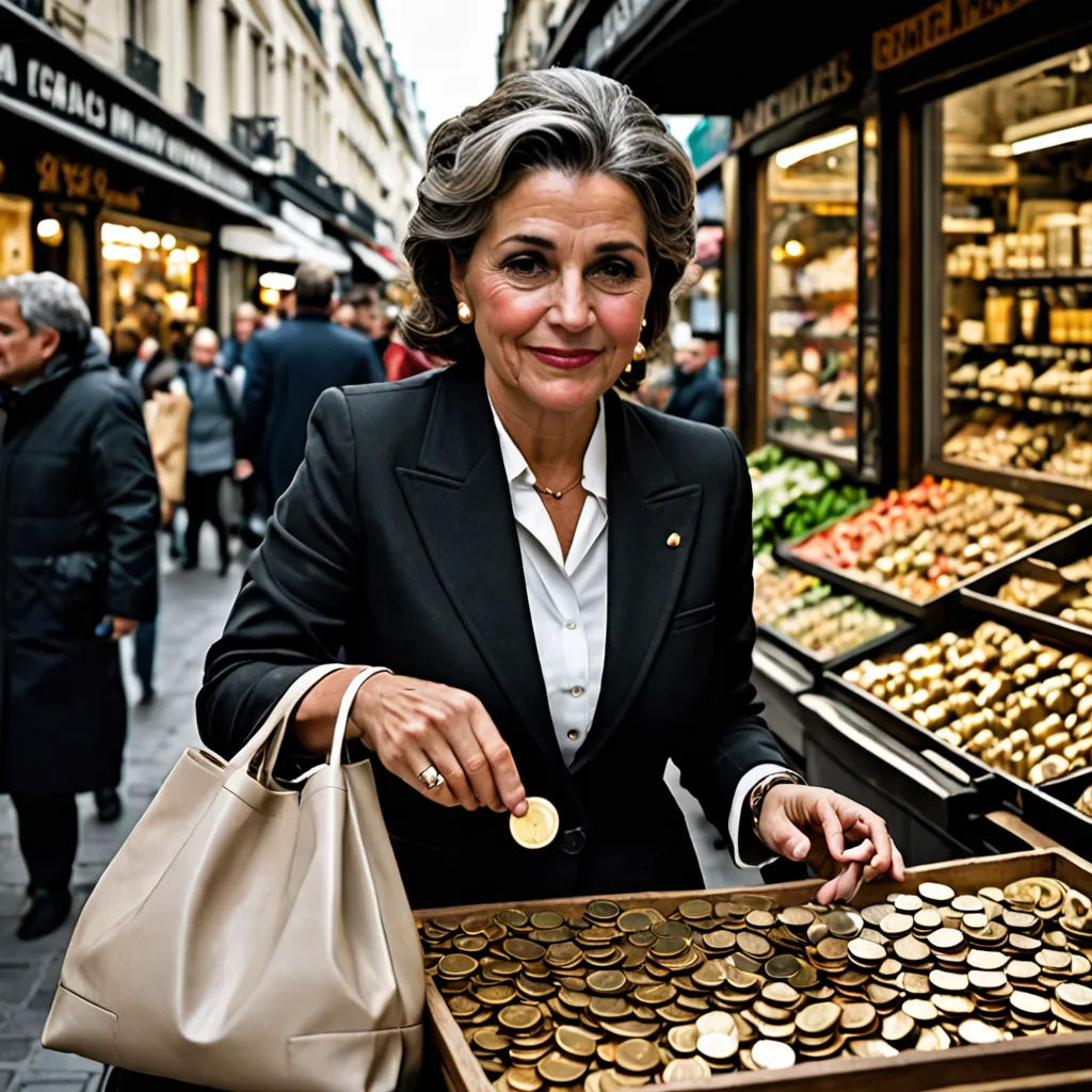 a woman holding a bag and a purse in front of a store filled with gold coins and other items, neoism, a stock photo, Florence Engelbach, award-winning photograph