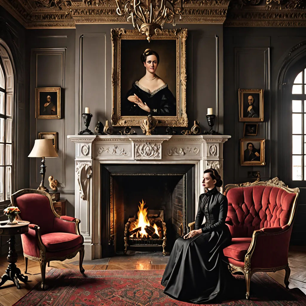 a woman sitting in a chair in a room with a fireplace and a painting on the wall behind her, gothic art, a flemish Baroque, Annie Leibovitz, promotional image