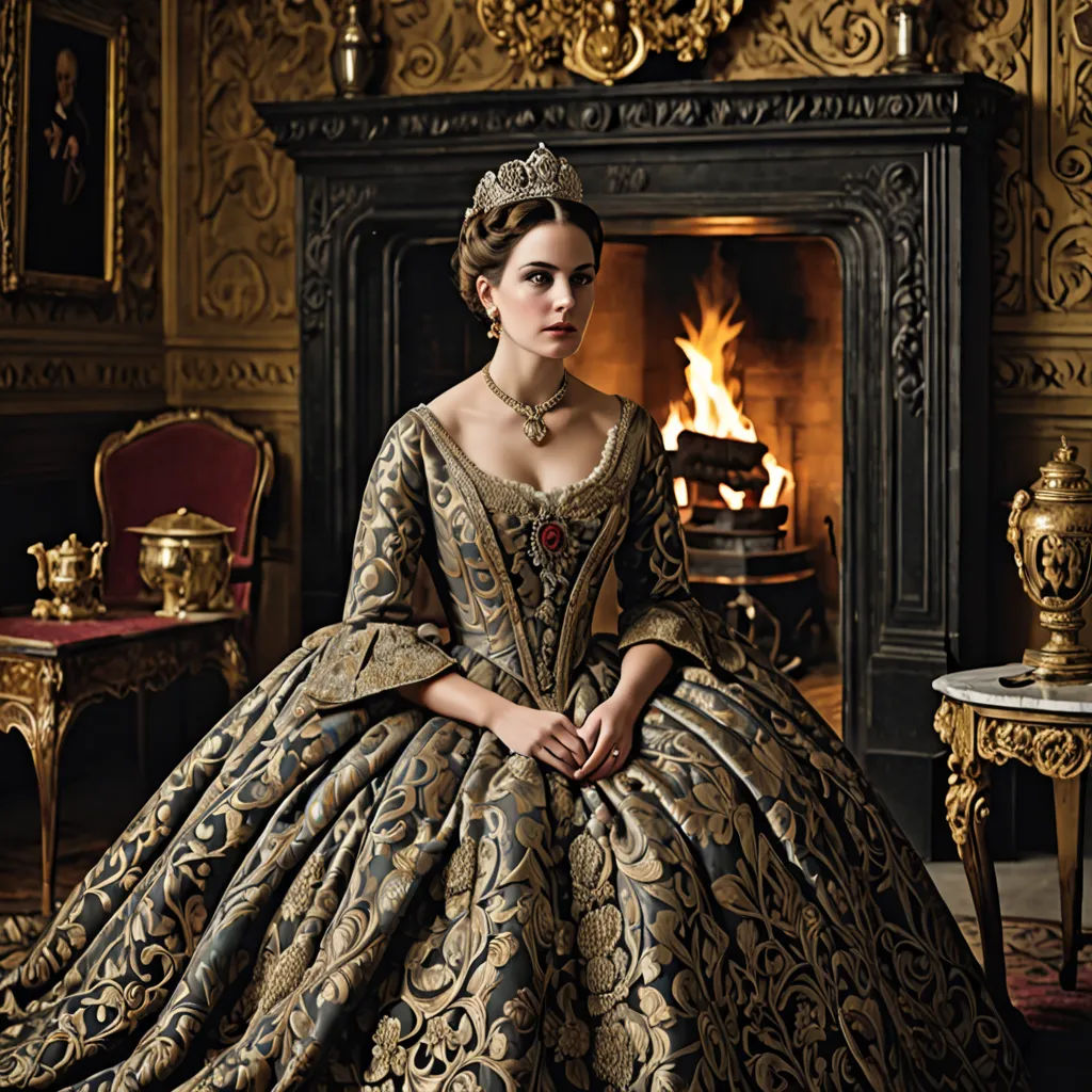 a woman in a dress sitting in front of a fireplace in a room with a fireplace and a chair, baroque, a flemish Baroque, Elizabeth Forbes, promotional image