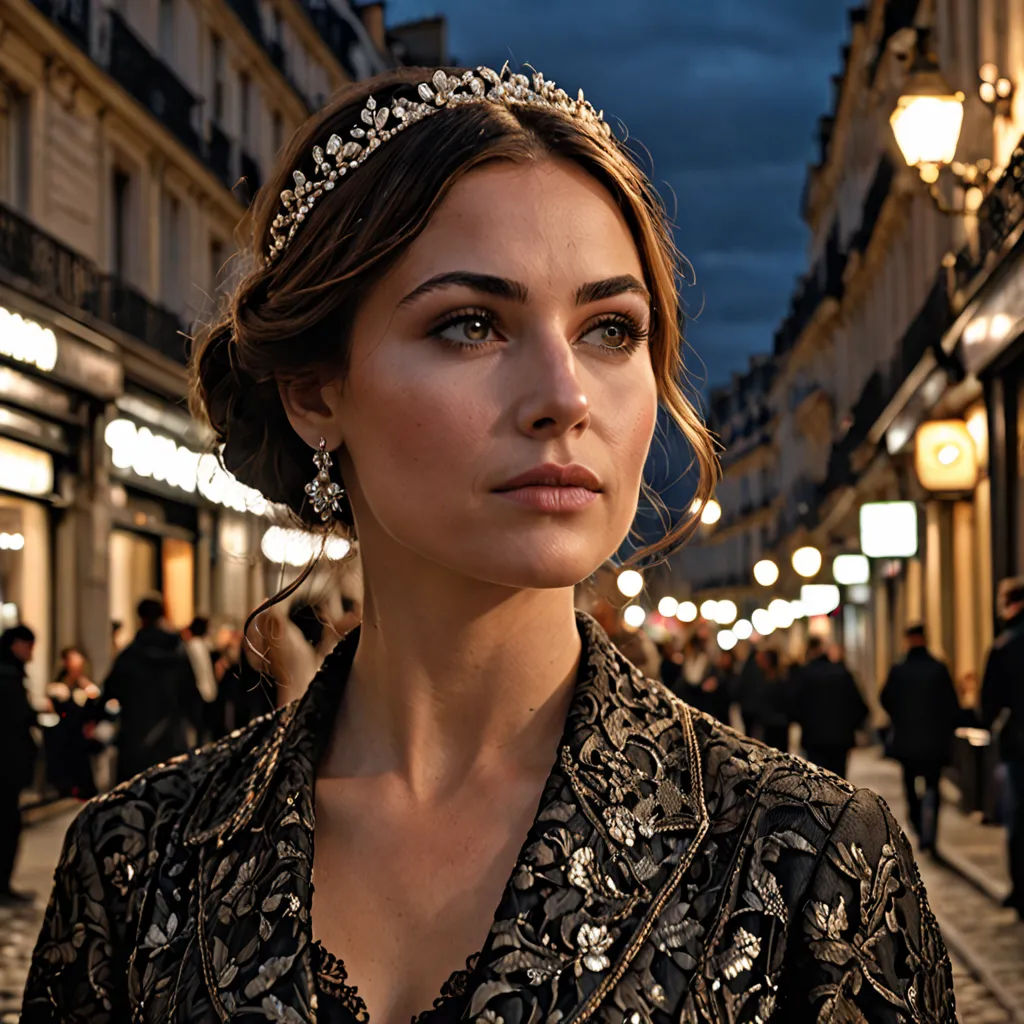 a woman in a black dress is standing on a street corner at night with a tiara on her head, rococo, a character portrait, Didier Mouron, promotional image