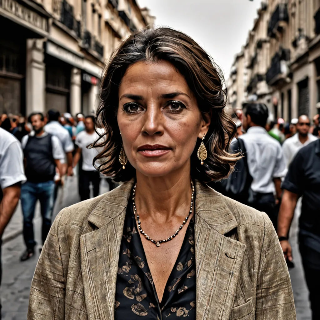 a woman in a suit and necklace standing in a crowded street with people walking around her on a cloudy day, les automatistes, a character portrait, Eva Gonzalès, maya
