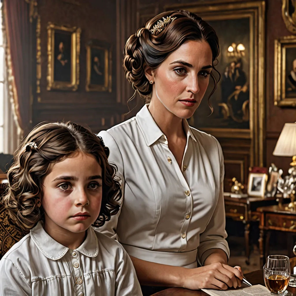 a woman and a child sitting at a table with a book and a glass of wine in front of them, neoclassicism, a photorealistic painting, Anne Said, extremely detailed oil painting