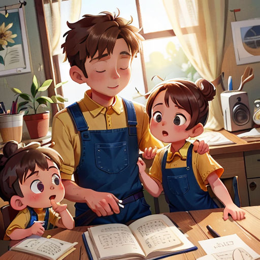 a man and two children are looking at a book on a table with an open book on it and a window in the background