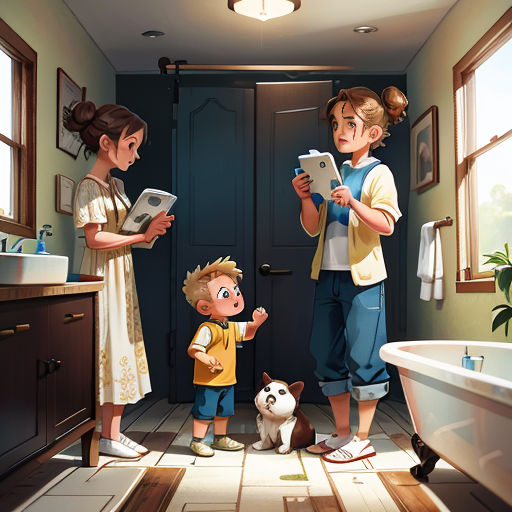 a couple of kids standing in a bathroom next to a dog and a cat and a bath tub with a dog