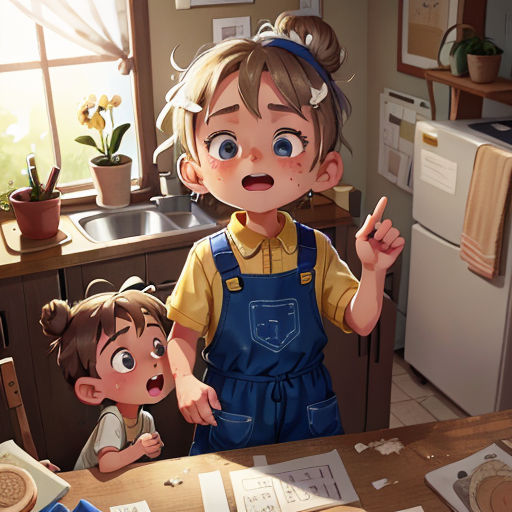 a young boy and girl standing in a kitchen with a sink and refrigerator in the background and a window