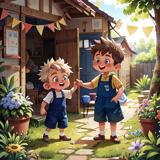 a couple of kids standing next to each other in a garden next to a house and a tree with a flag