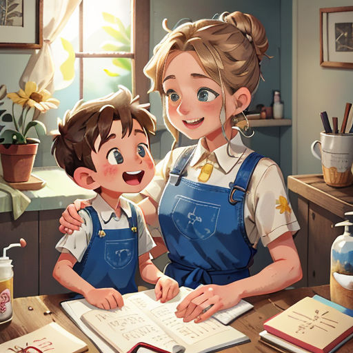 a woman and a boy are standing in front of a book and a window in a kitchen with a book open