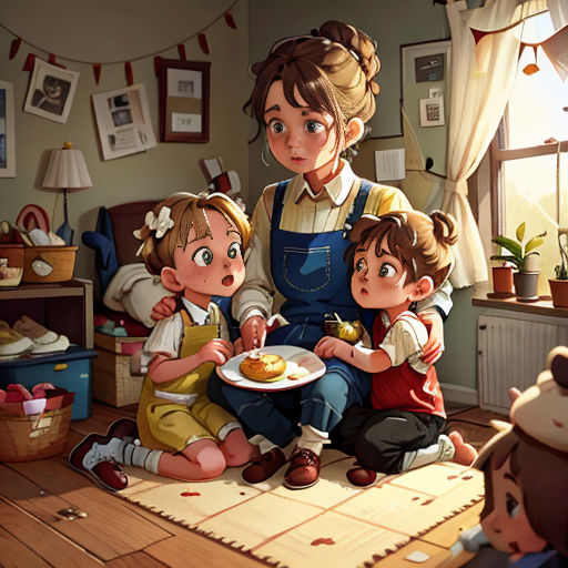 a woman and two children sitting on the floor eating cake together in a room with a teddy bear and a teddy bear