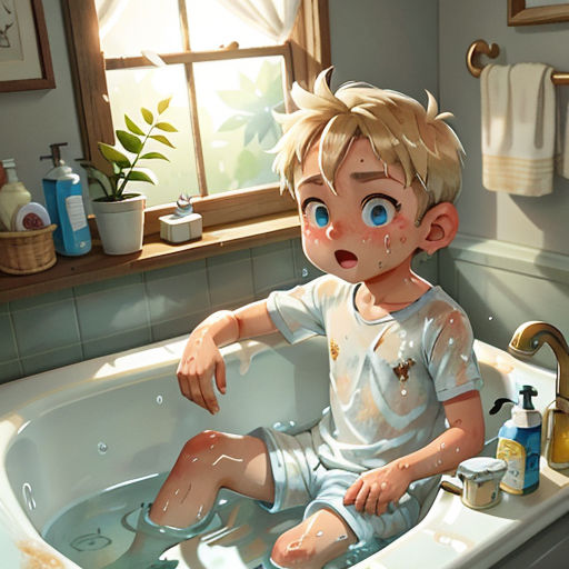 a boy sitting in a bathtub with a lot of water on his face and a lot of soap on his face