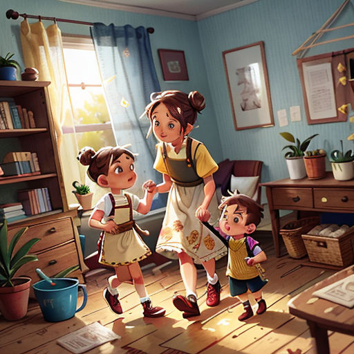 a family of three standing in a living room together, with a child holding a stick and a dog
