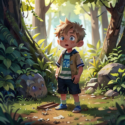 a boy standing in the middle of a forest with a rock in the foreground and a rock in the background