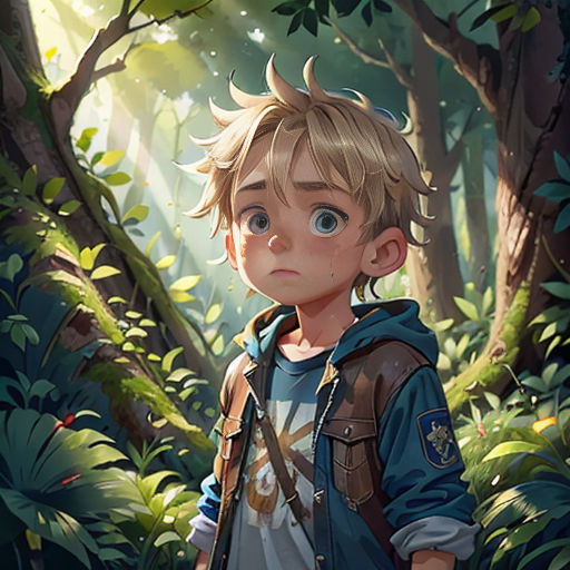 a boy in a forest with a backpack on his back and a backpack on his shoulder, looking at the camera