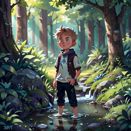 a boy standing in a forest next to a stream of water with trees and rocks around him and a forest behind him