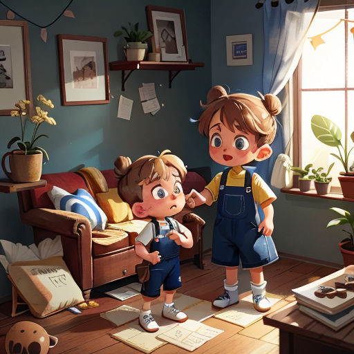 a couple of kids standing in a living room next to a couch and a window with a dog on it