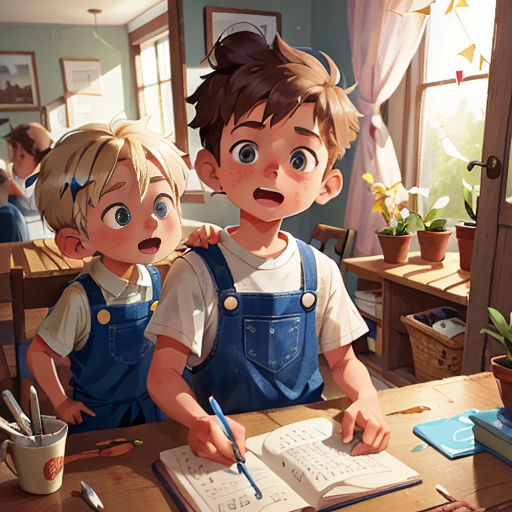 a boy and a girl are sitting at a table with a book and pen in front of them and a notebook in front of them