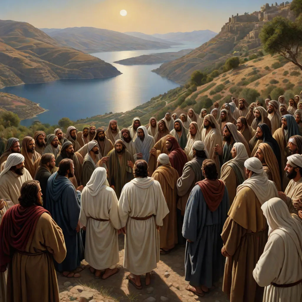 a painting of a group of people standing in front of a lake with a sunset in the background and a mountain range in the background, incoherents, a detailed matte painting, Brothers Hildebrandt, radiant light