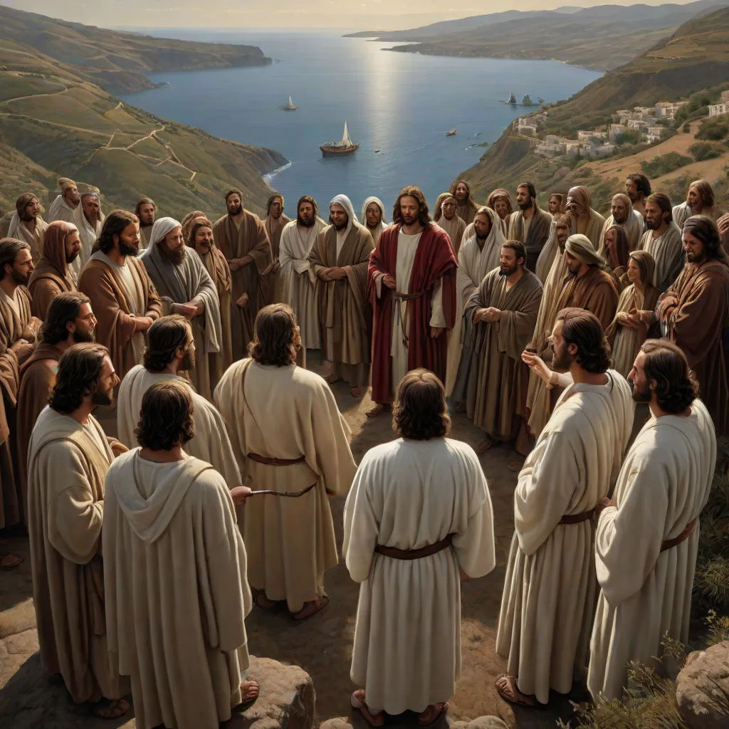 a group of people standing around each other in front of a body of water and a boat in the distance, letterism, a detailed matte painting, Brothers Hildebrandt, renaissance oil painting