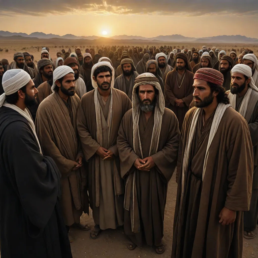 a group of men standing in a desert area with the sun setting behind them and a sky filled with clouds, dau-al-set, a photo, Amir Zand, cinematic photography