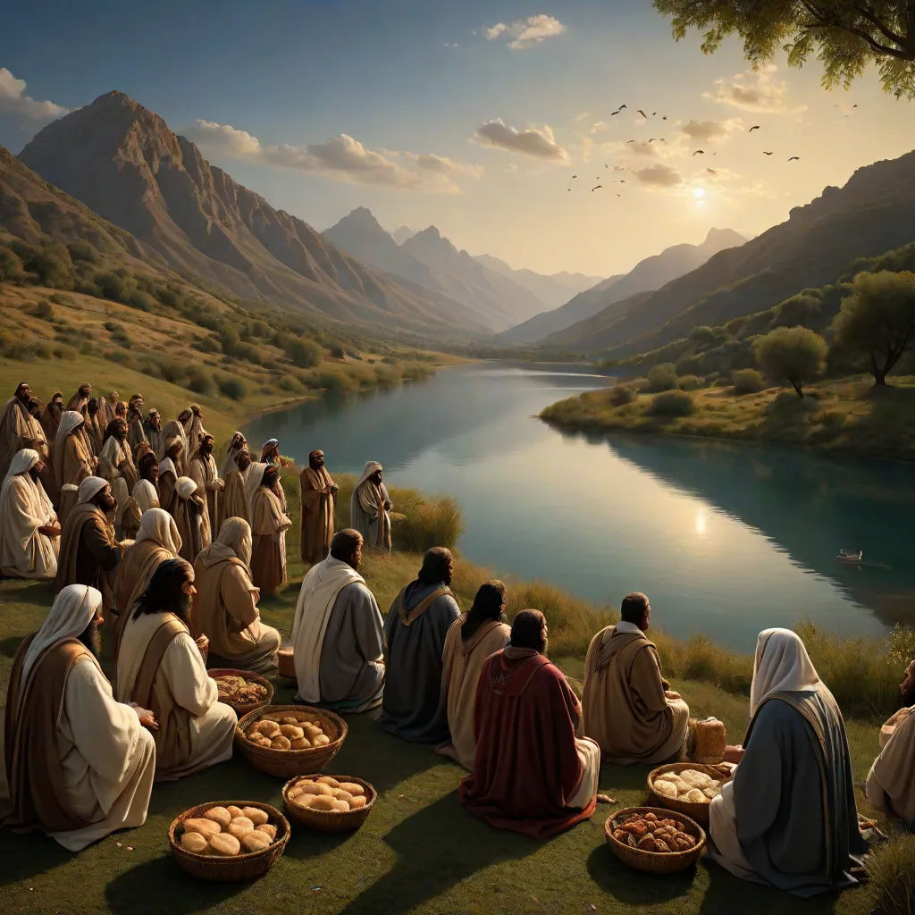a painting of a group of people sitting on the grass near a lake with pies on the ground, american scene painting, a detailed matte painting, Christophe Vacher, cinematic matte painting