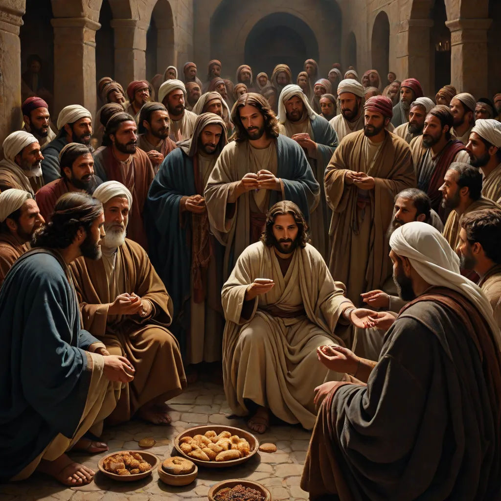 a painting of jesus surrounded by people in a church with bread on the floor and bread on the plate, letterism, an oil on canvas painting, Brothers Hildebrandt, renaissance oil painting