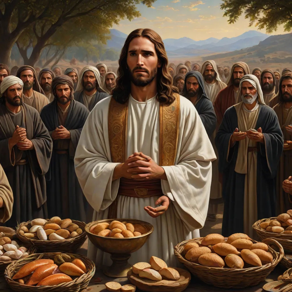 a painting of jesus surrounded by bread and bread baskets in a field with trees and mountains in the background, figurativism, a detailed painting, Carl Heinrich Bloch, renaissance oil painting