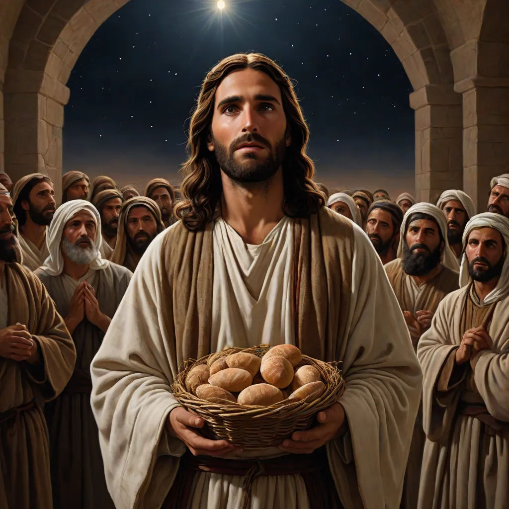 a painting of jesus holding a basket of bread in front of a group of people in robes and robes, figurativism, an oil on canvas painting, Carl Heinrich Bloch, radiant light