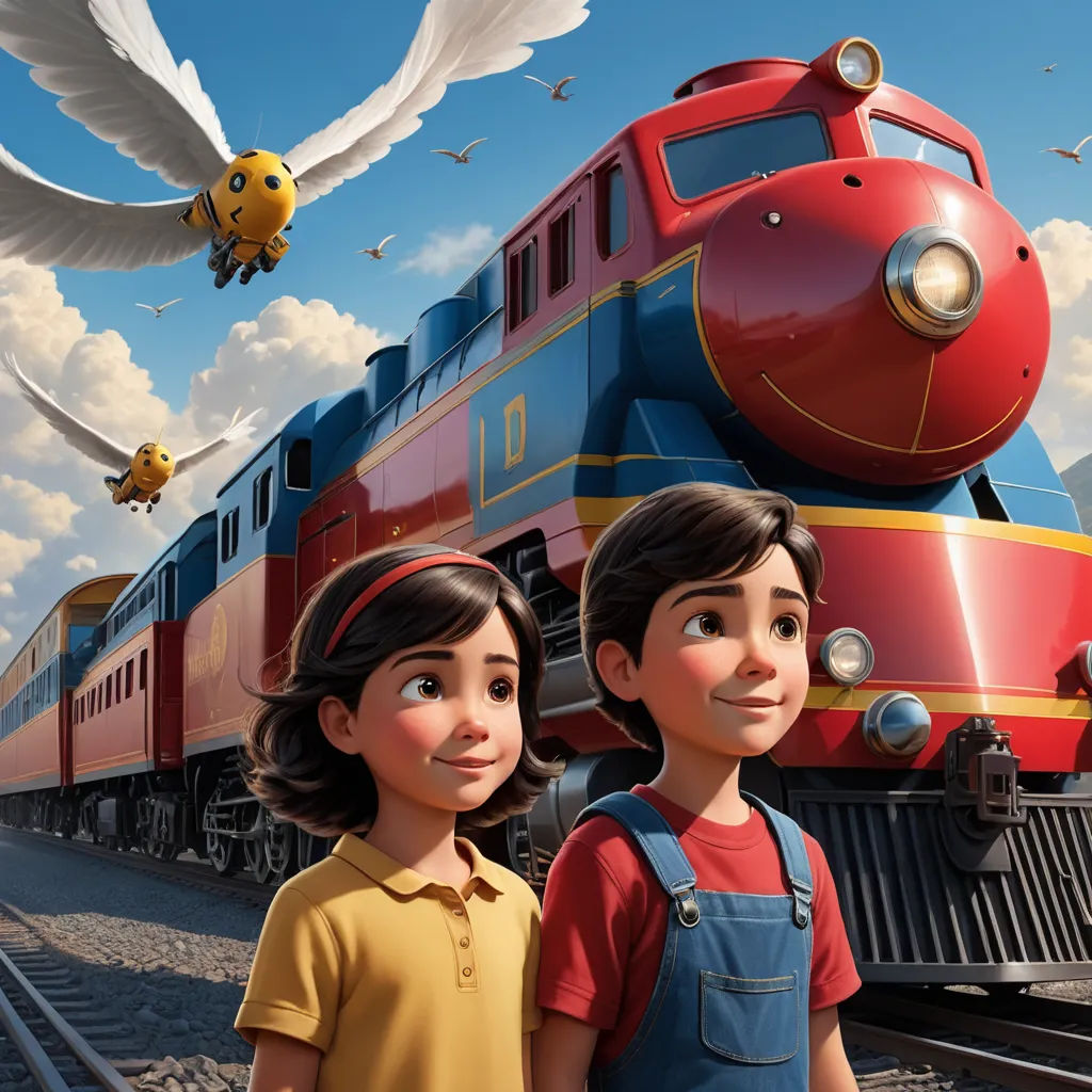 a couple of kids standing next to a train on a track with a bird flying over them and a train on the tracks, photorealism, a storybook illustration, Alejandro Burdisio, promotional image