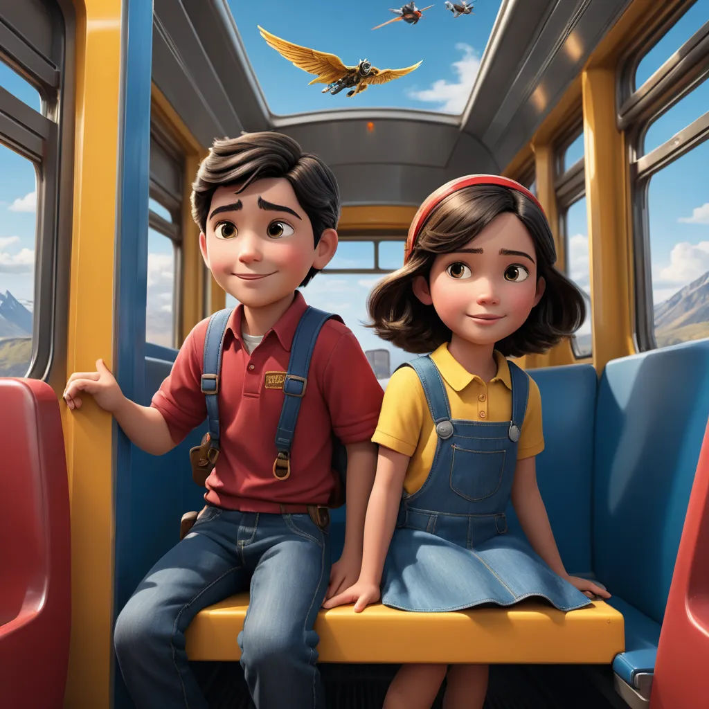 a boy and a girl sitting on a bus together, looking out the window at the mountains and birds, photorealism, poster art, Eddie Mendoza, promotional image