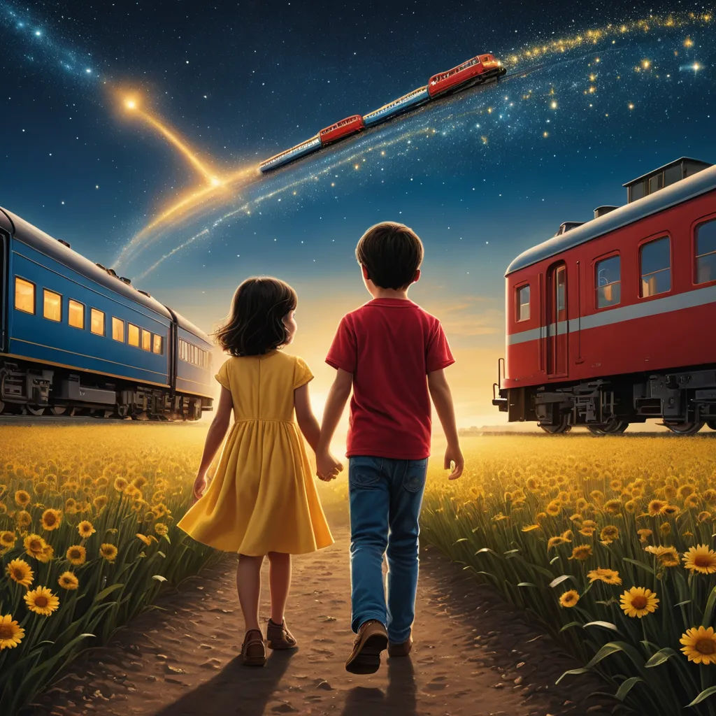 a couple of kids walking down a dirt road next to a train on a train track at night with a sky full of stars, space art, a storybook illustration, Bob Byerley, promotional image