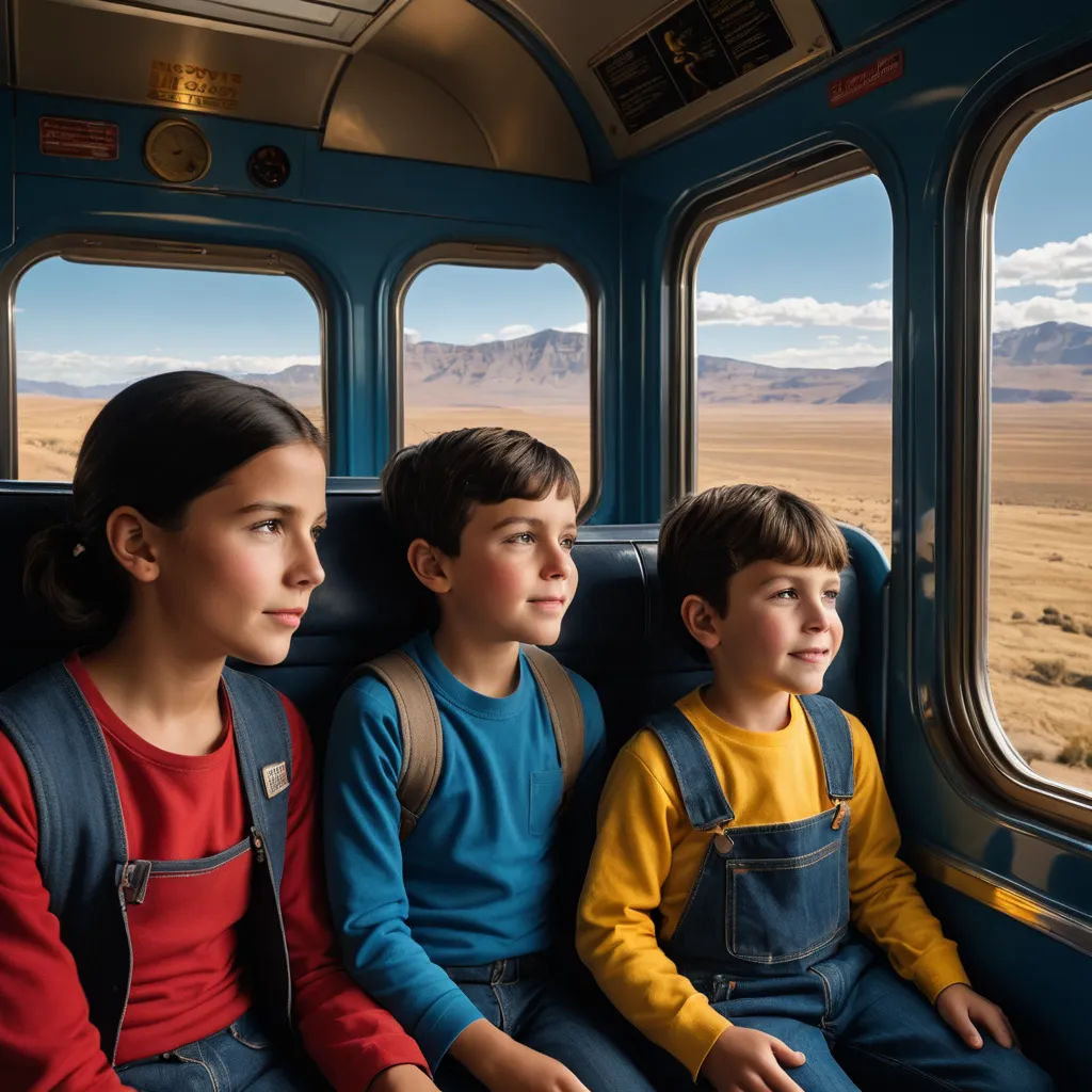 three children sitting on a train looking out the window at the desert outside of them, with mountains in the distance, color field, a detailed matte painting, Felix-Kelly, promotional image