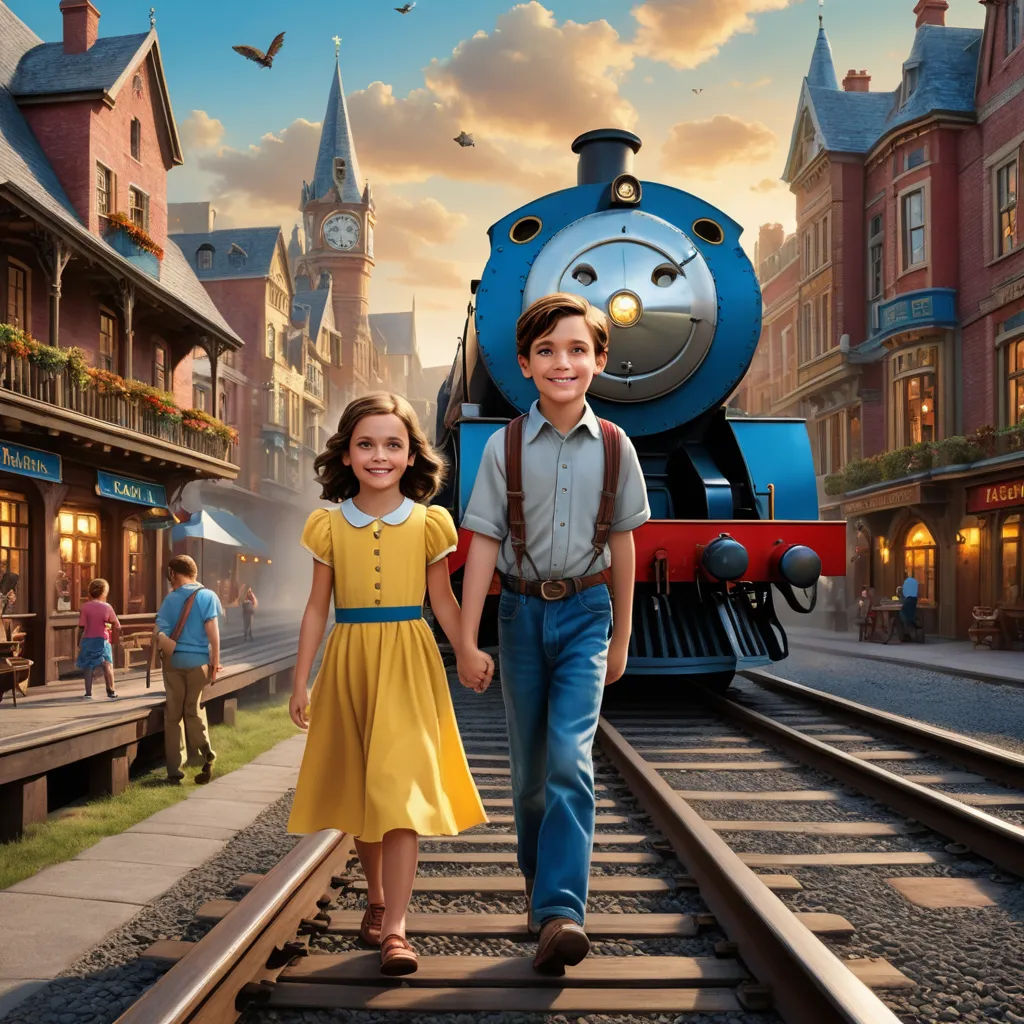 a boy and a girl are walking on a train track with a train in the background and a train on the track, magical realism, a poster, disney, promotional image