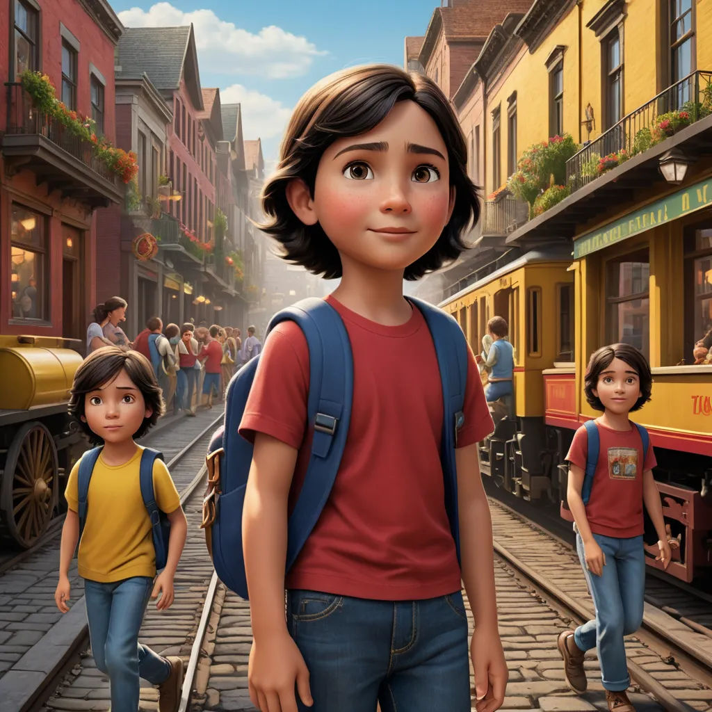 a cartoon of a boy and girl walking down a train track with a train in the background and people walking on the tracks, photorealism, a poster, Eddie Mendoza, promotional image