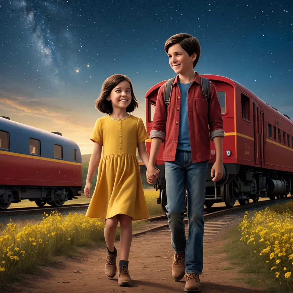 a boy and girl walking down a path holding hands and smiling at the camera with a train in the background, magical realism, poster art, Cliff Childs, promotional image
