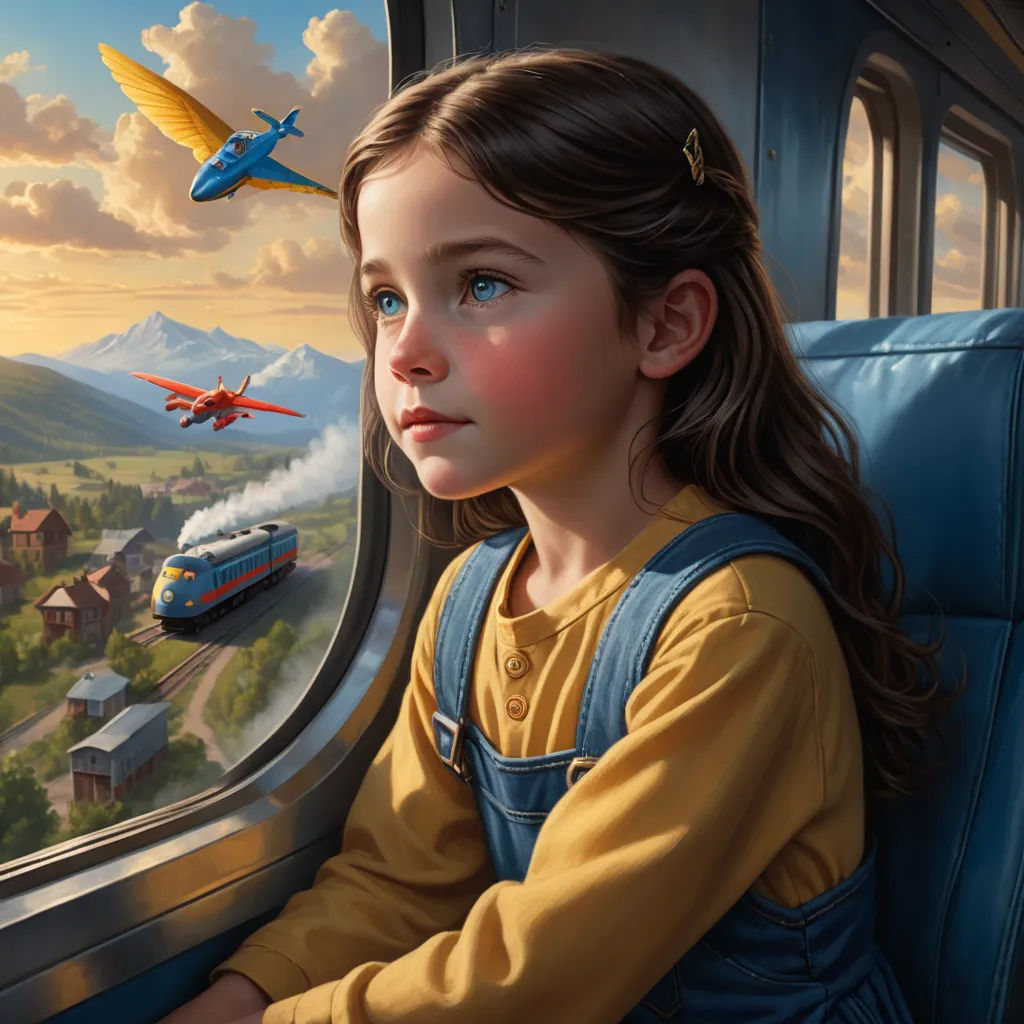 a painting of a girl looking out a window at a train and planes flying over a town and mountains, photorealism, a detailed matte painting, Bob Byerley, highly detailed digital painting