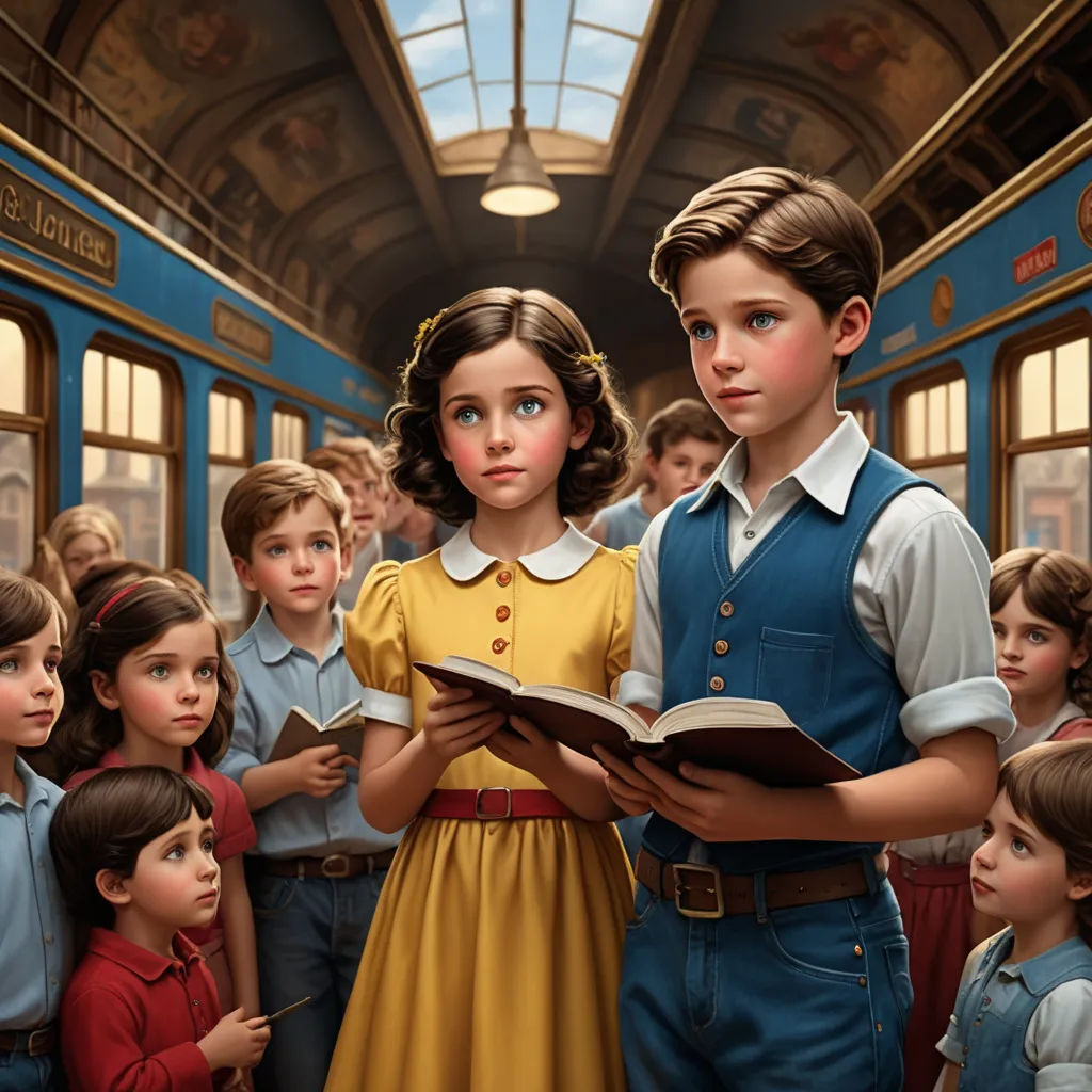 a painting of a boy and girl reading a book in a train station with other children looking on from the side, fantastic realism, a storybook illustration, Brothers Hildebrandt, highly detailed digital painting