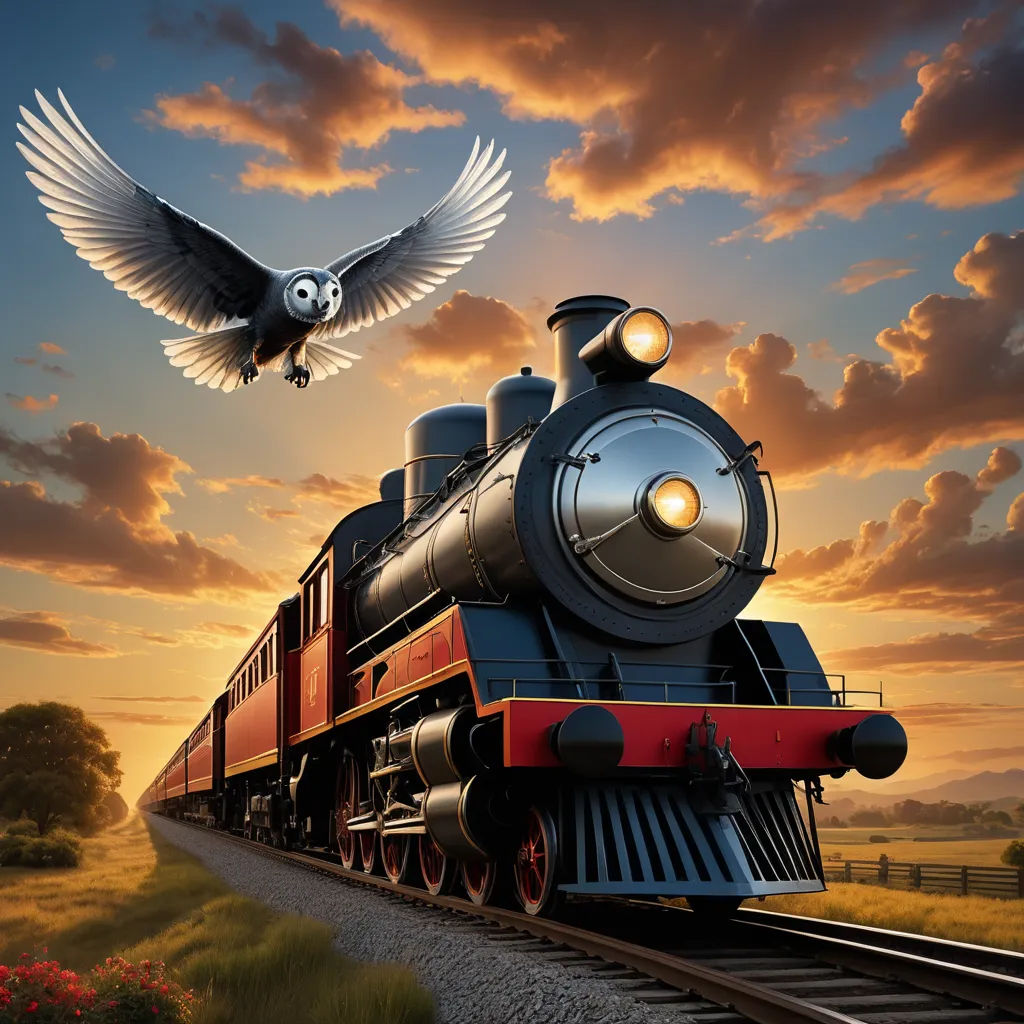 a train with a bird flying over it on a track at sunset with a bird flying over it on the track, fantasy art, a storybook illustration, Anne Stokes, highly detailed digital painting