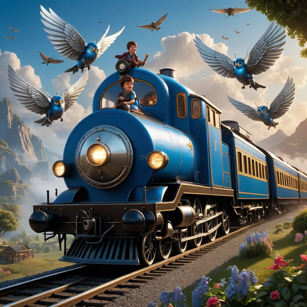 a train with a boy on the front of it and birds flying around it and a man on top of it, fantastic realism, poster art, Cliff Childs, key art
