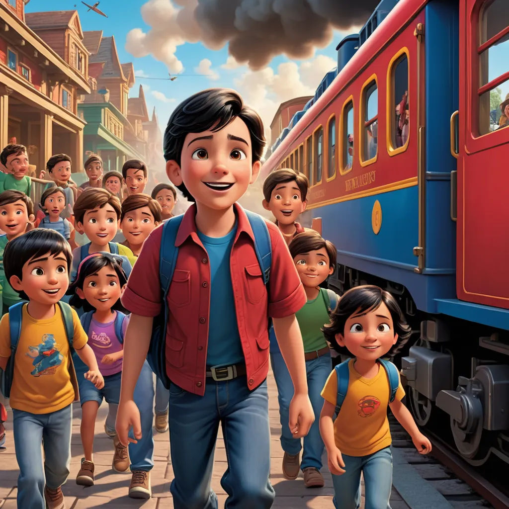 a cartoon character is walking with a group of children on a train track in front of a train station, sots art, a poster, disney, promotional image