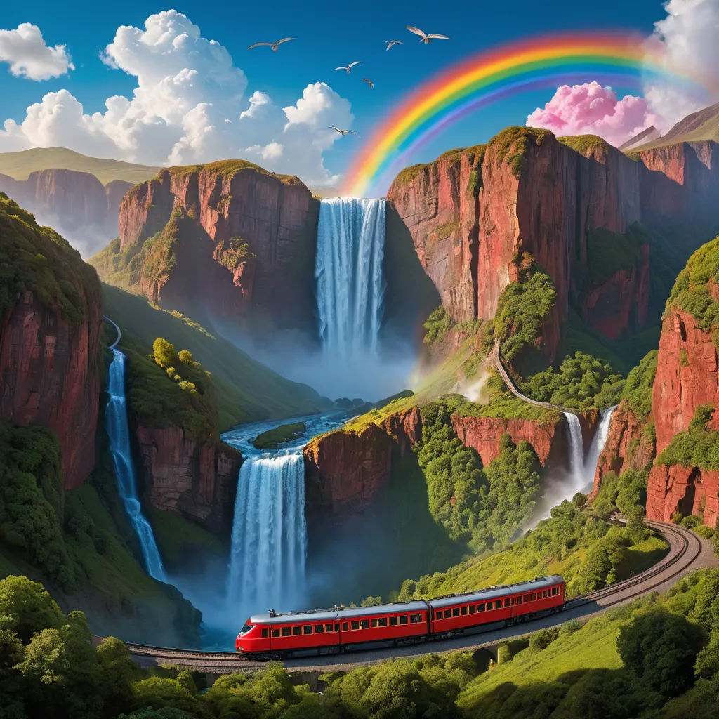 a train is traveling through a scenic landscape with a waterfall and a rainbow in the sky above it,, magic realism, a detailed matte painting, Chris LaBrooy, matte painting