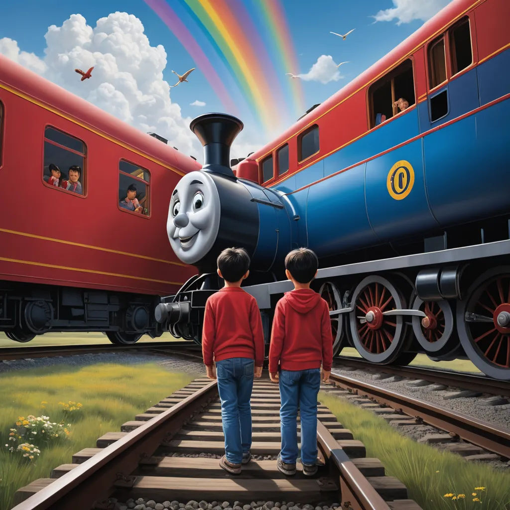 two children looking at a train on a track with a rainbow in the background and a rainbow in the sky, sots art, a storybook illustration, Drew Struzan, official art