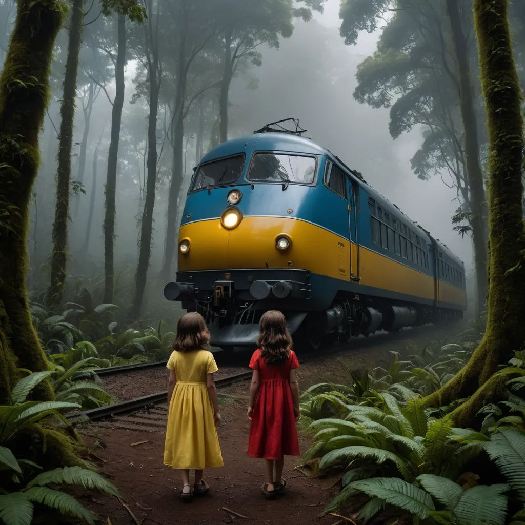 two girls are standing in front of a train in the woods with fog and trees behind them, looking at the train, magical realism, a storybook illustration, Chris LaBrooy, award-winning photograph