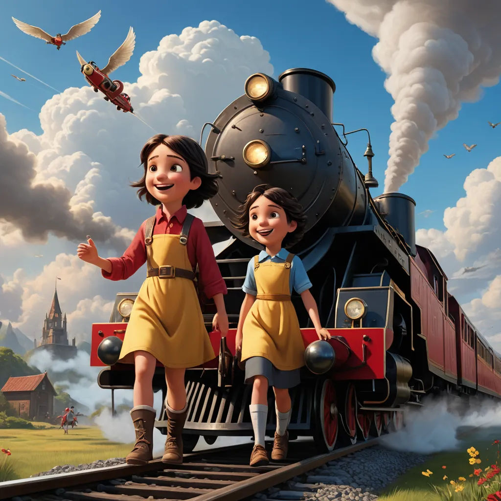 a painting of two children standing on a train track with a train in the background and a bird flying over them, fantastic realism, a detailed matte painting, Anne Said, promotional image