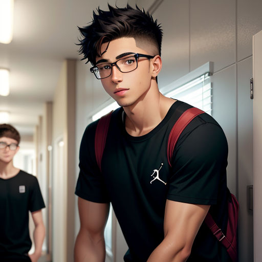 a man with glasses and a backpack standing in a hallway next to another man with glasses on his head