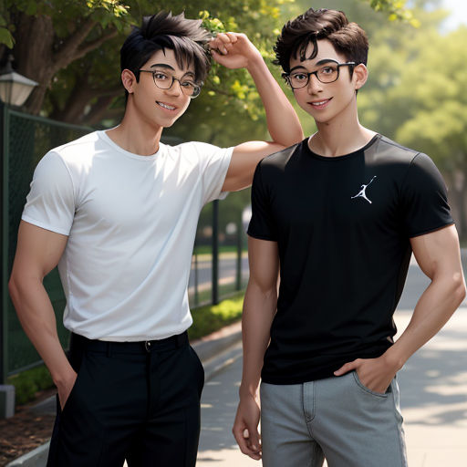 two young men standing next to each other on a sidewalk near a fence and trees, one of them is wearing glasses