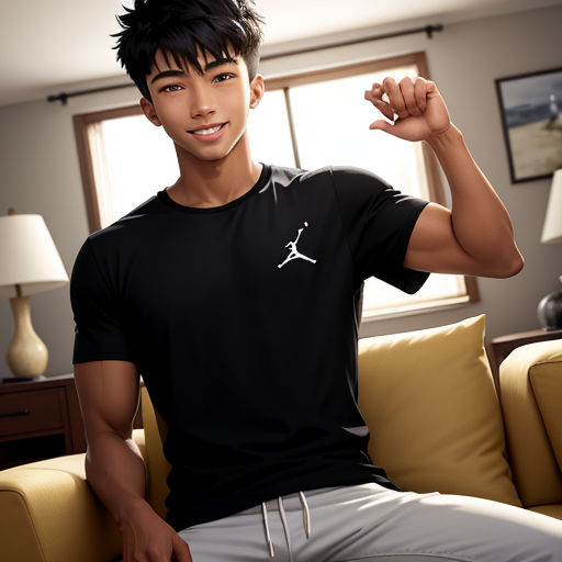 a man sitting on a couch with his arm up in the air and a lamp in the background with a window behind him