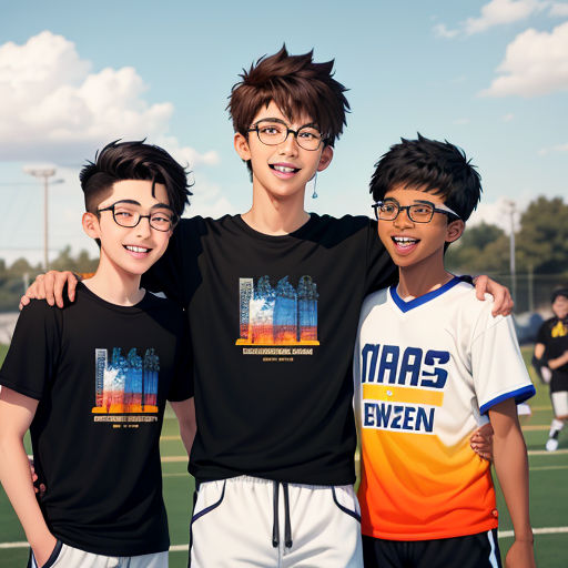 three boys posing for a picture on a soccer field with a soccer ball in the background and a soccer field in the foreground